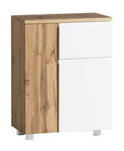 Moderner Unterschrank 65 cm mit Holzoptik und weißen Fronten, seitliche Perspektive