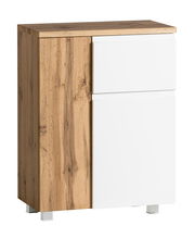 Moderner Unterschrank 65 cm mit Holzoptik und weißen Fronten, seitliche Perspektive