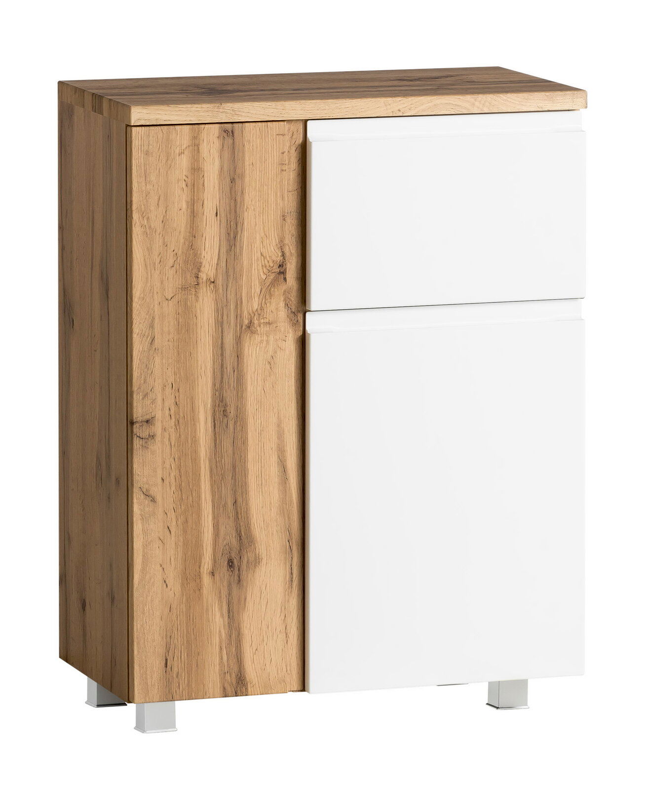 Moderner Unterschrank 65 cm mit Holzoptik und weißen Fronten, seitliche Perspektive