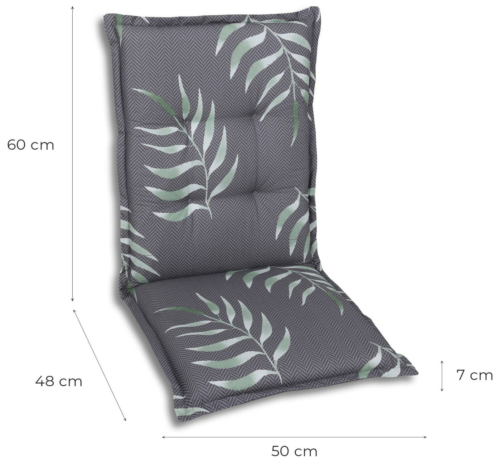Graue Mittellehnerauflage mit grünem Blattmuster, seitliche Perspektive