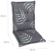 Graue Mittellehnerauflage mit grünem Blattmuster, seitliche Perspektive