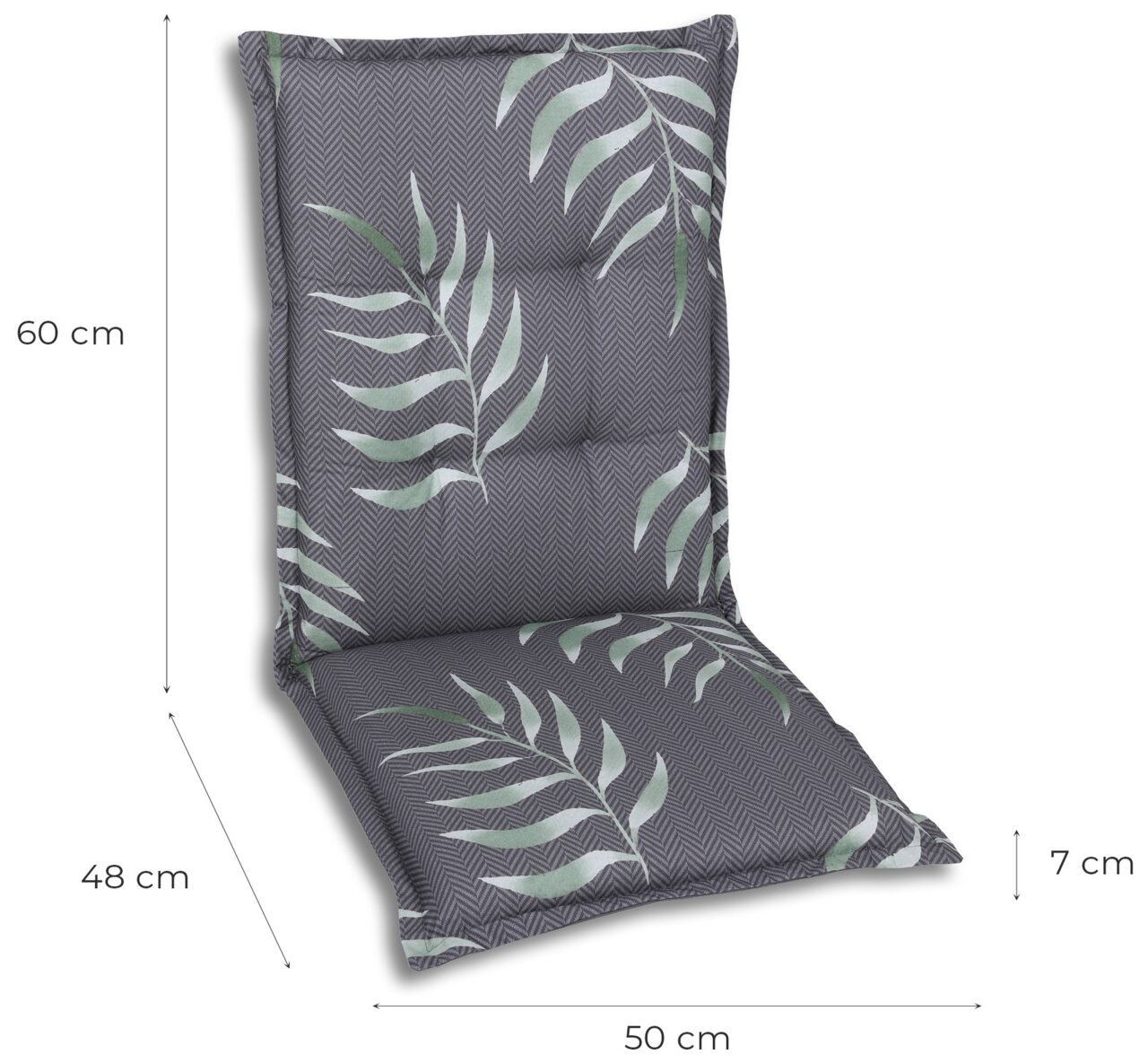 Graue Mittellehnerauflage mit grünem Blattmuster, seitliche Perspektive