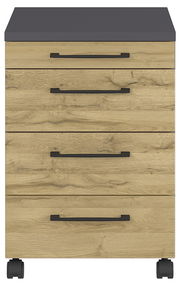 Rollcontainer mit vier Schubladen in Holzoptik und schwarzen Griffen, frontal betrachtet.