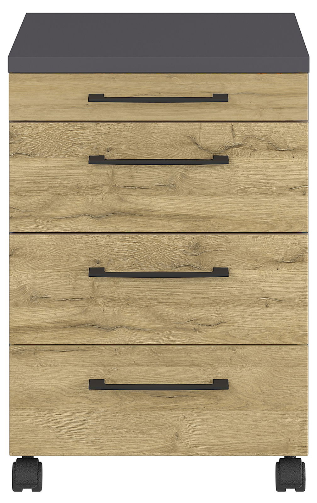Rollcontainer mit vier Schubladen in Holzoptik und schwarzen Griffen, frontal betrachtet.