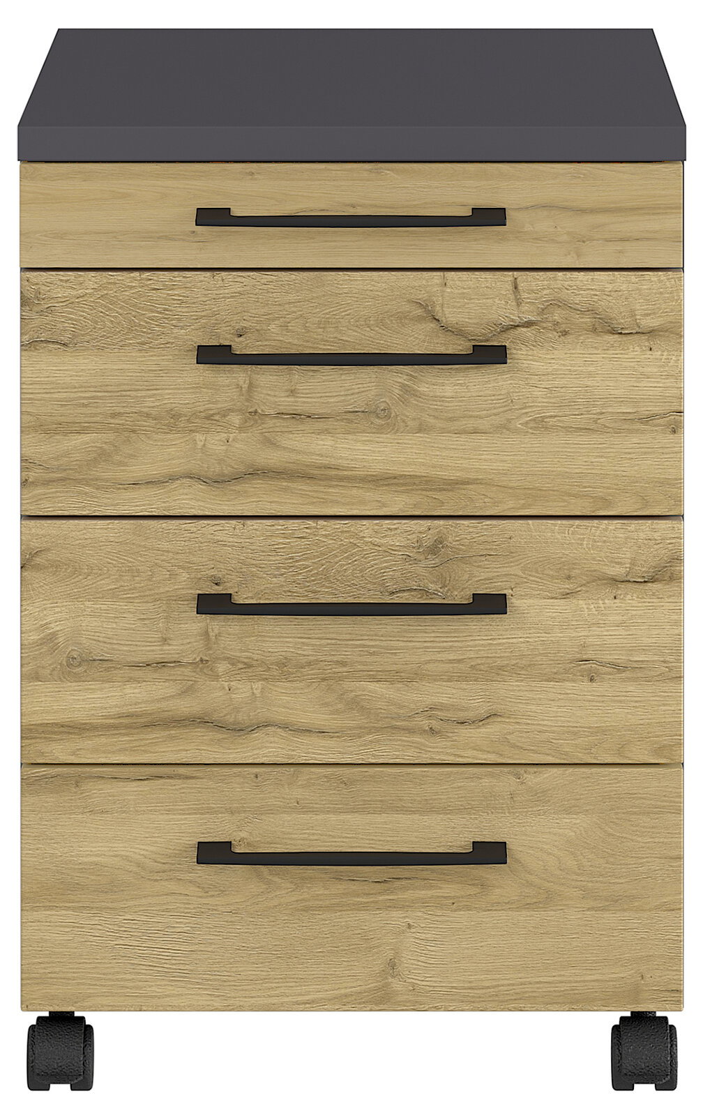 Rollcontainer mit vier Schubladen in Holzoptik und schwarzen Griffen, frontal betrachtet.