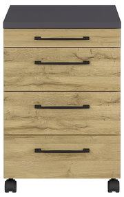 Rollcontainer mit vier Schubladen in Holzoptik und schwarzen Griffen, frontal betrachtet.