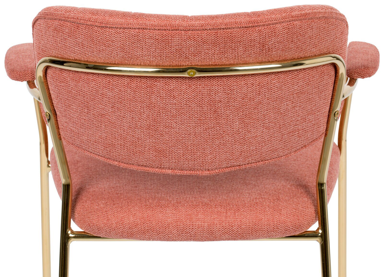 Rückansicht eines Armlehnenstuhls mit rotem Stoffbezug und goldfarbenem Metallrahmen.