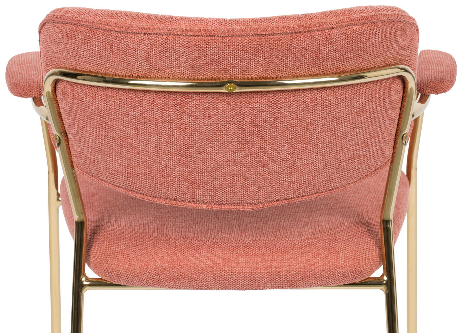 Rückansicht eines Armlehnenstuhls mit rotem Stoffbezug und goldfarbenem Metallrahmen.