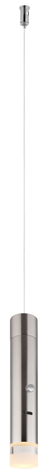 Moderne Akku-Pendelleuchte in zylindrischer Form aus Metall, von der Seite betrachtet, mit einem langen Kabel zur Deckenbefestigung.