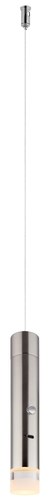 Globo Lighting Akku-Pendelleuchte PELO Moderne Akku-Pendelleuchte in zylindrischer Form aus Metall, von der Seite betrachtet, mit einem langen Kabel zur Deckenbefestigung.