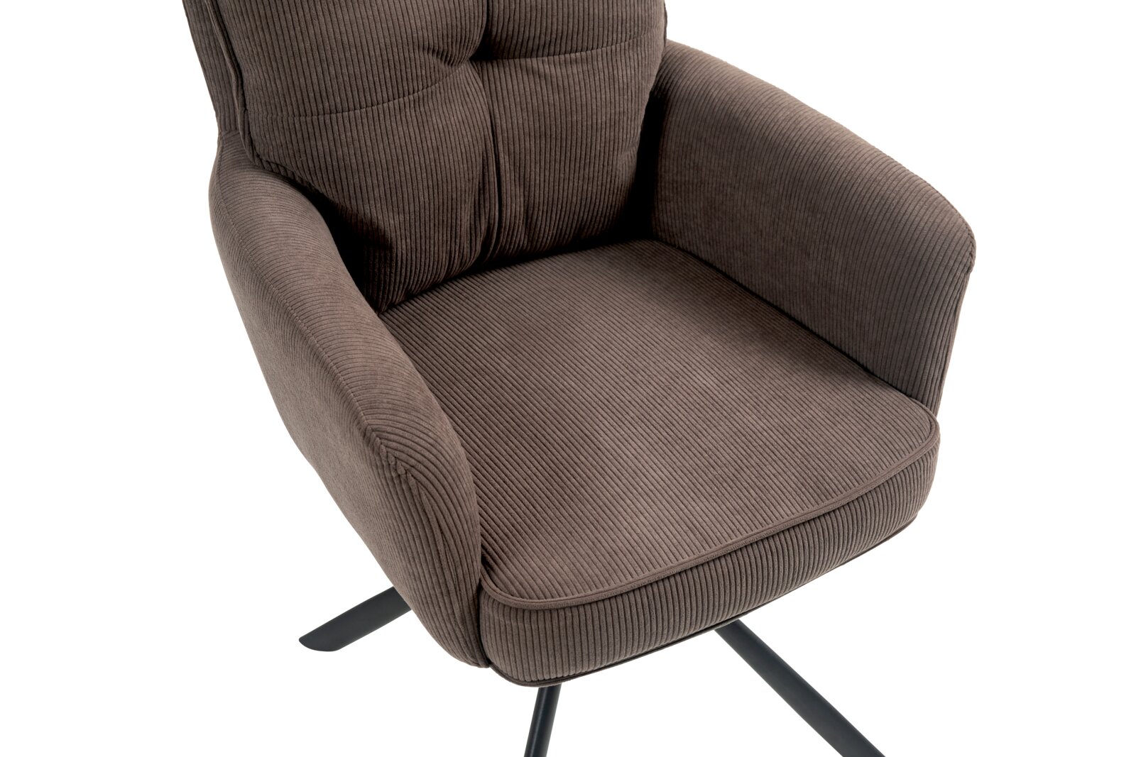 Close-up van een bruine fauteuil met geribbelde stoffen bekleding en zwarte metalen poten, gezien van bovenaf.