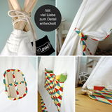 Tipi Zelt mit farbiger Bemusterung, Detailansicht von Knoten, Fenster und Taschen, aus verschiedenen Perspektiven.