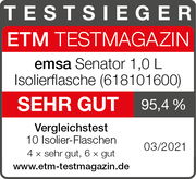Testsieger-Label für die emsa Senator 1,0 L Isolierflasche mit der Bewertung 'Sehr Gut' und 95,4% im Vergleichstest, Frontalansicht.