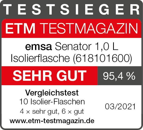 Testsieger-Label für die emsa Senator 1,0 L Isolierflasche mit der Bewertung 'Sehr Gut' und 95,4% im Vergleichstest, Frontalansicht.