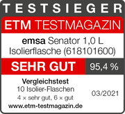 Testsieger-Label für die emsa Senator 1,0 L Isolierflasche mit der Bewertung 'Sehr Gut' und 95,4% im Vergleichstest, Frontalansicht.