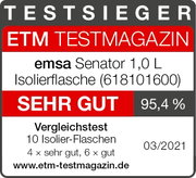 Testsieger-Label für die emsa Senator 1,0 L Isolierflasche mit der Bewertung 'Sehr Gut' und 95,4% im Vergleichstest, Frontalansicht.