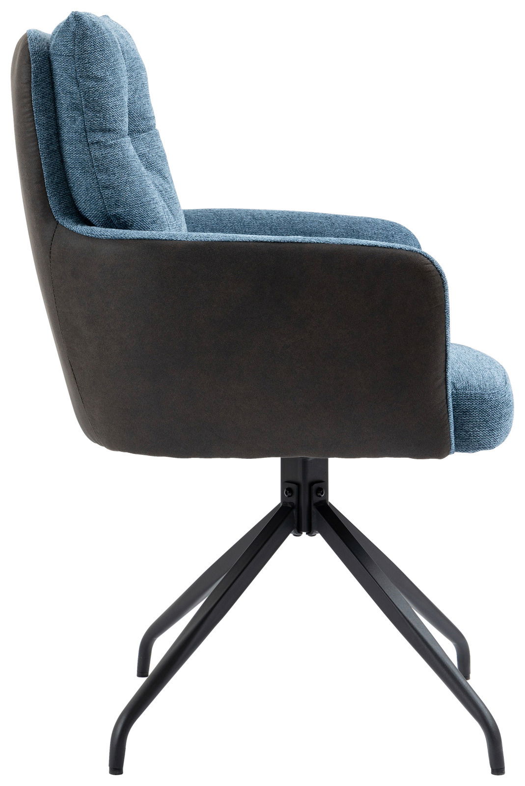 Moderner Sessel mit blauer Polsterung und schwarzem Metallgestell, Seitenansicht