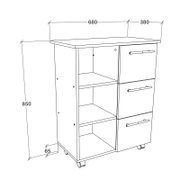 Technische Strichzeichnung eines rollbaren Beistell-/Servierwagens mit Ablagefächern links und drei Schubladen rechts, Maße ca. 850 mm hoch, 680/380 mm breit, aus schräger Vorderansicht (3/4-Perspektive) dargestellt.