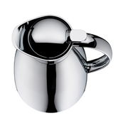 Elegante, glänzende Isolierkanne aus Edelstahl mit ergonomischem Griff, von oben betrachtet.