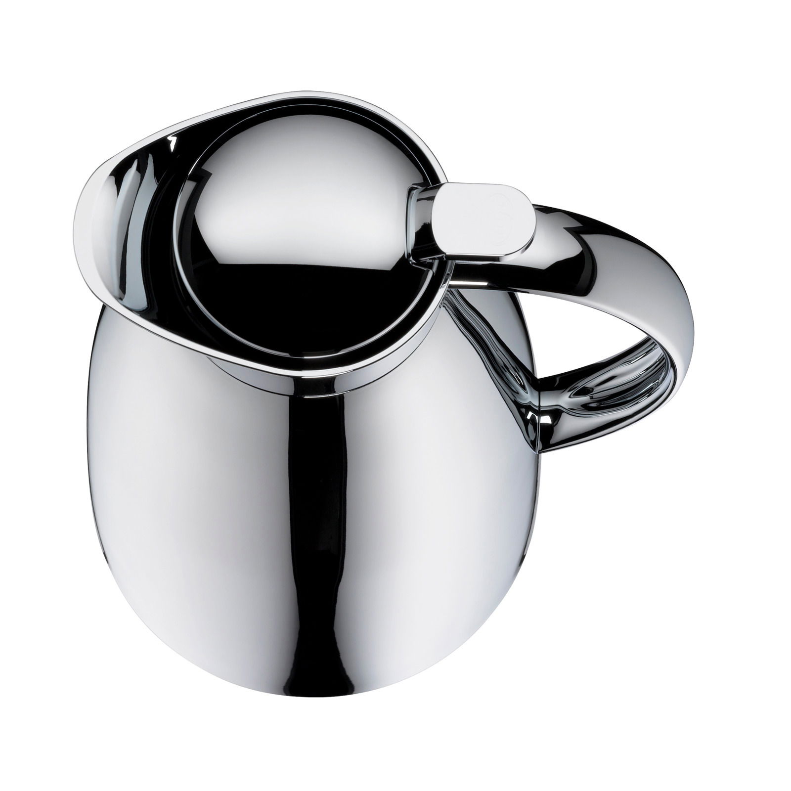 Elegante, glänzende Isolierkanne aus Edelstahl mit ergonomischem Griff, von oben betrachtet.