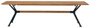 Holzbank mit schwarzem Metallgestell, seitliche Perspektive