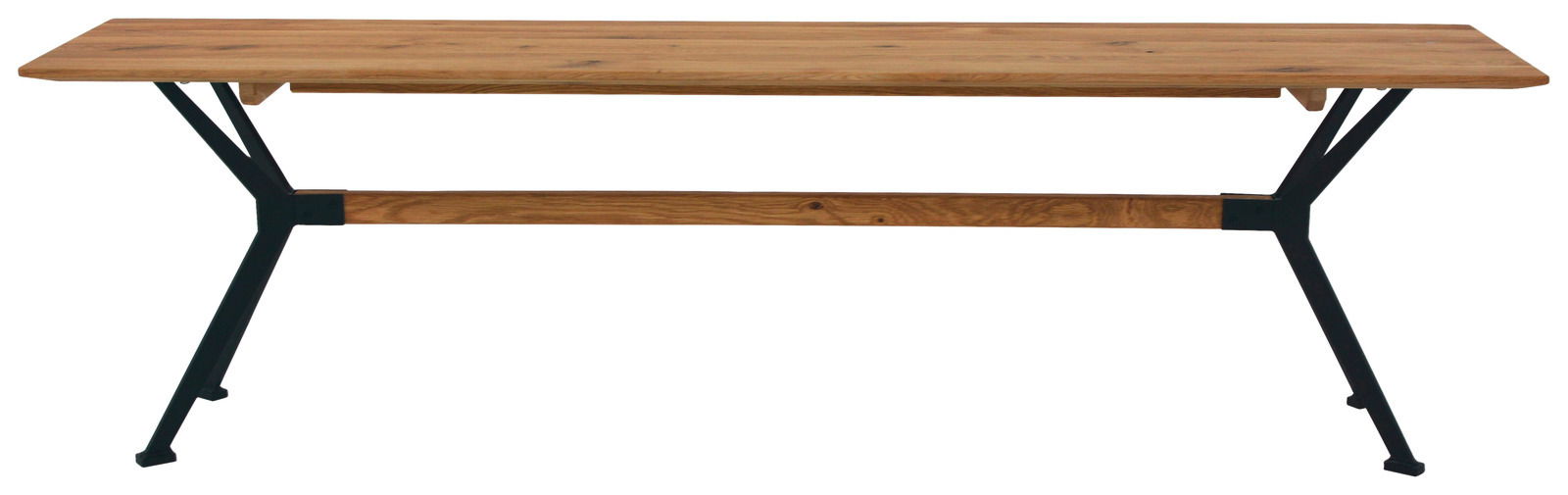 Holzbank mit schwarzem Metallgestell, seitliche Perspektive