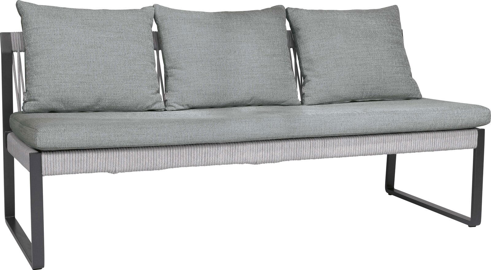 3-Sitzer Loungeelement in seitlicher Perspektive mit grauen Kissen und modernem Metallrahmen.