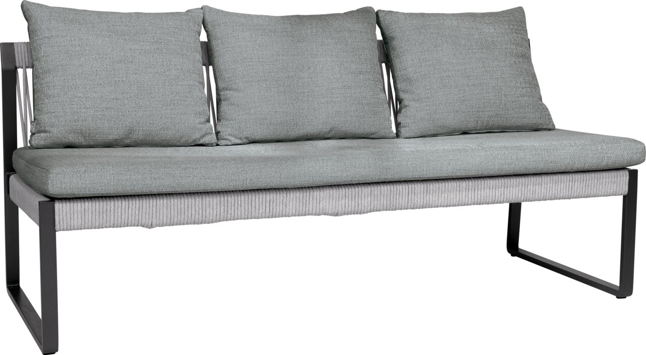 3-Sitzer Loungeelement in seitlicher Perspektive mit grauen Kissen und modernem Metallrahmen.