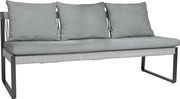 3-Sitzer Loungeelement in seitlicher Perspektive mit grauen Kissen und modernem Metallrahmen.