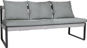 3-Sitzer Loungeelement in seitlicher Perspektive mit grauen Kissen und modernem Metallrahmen.