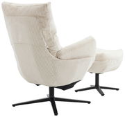 Rückansicht eines cremefarbenen Relaxsessels mit Hocker, beide mit gestreiftem Stoffbezug und schwarzem Drehfuß.