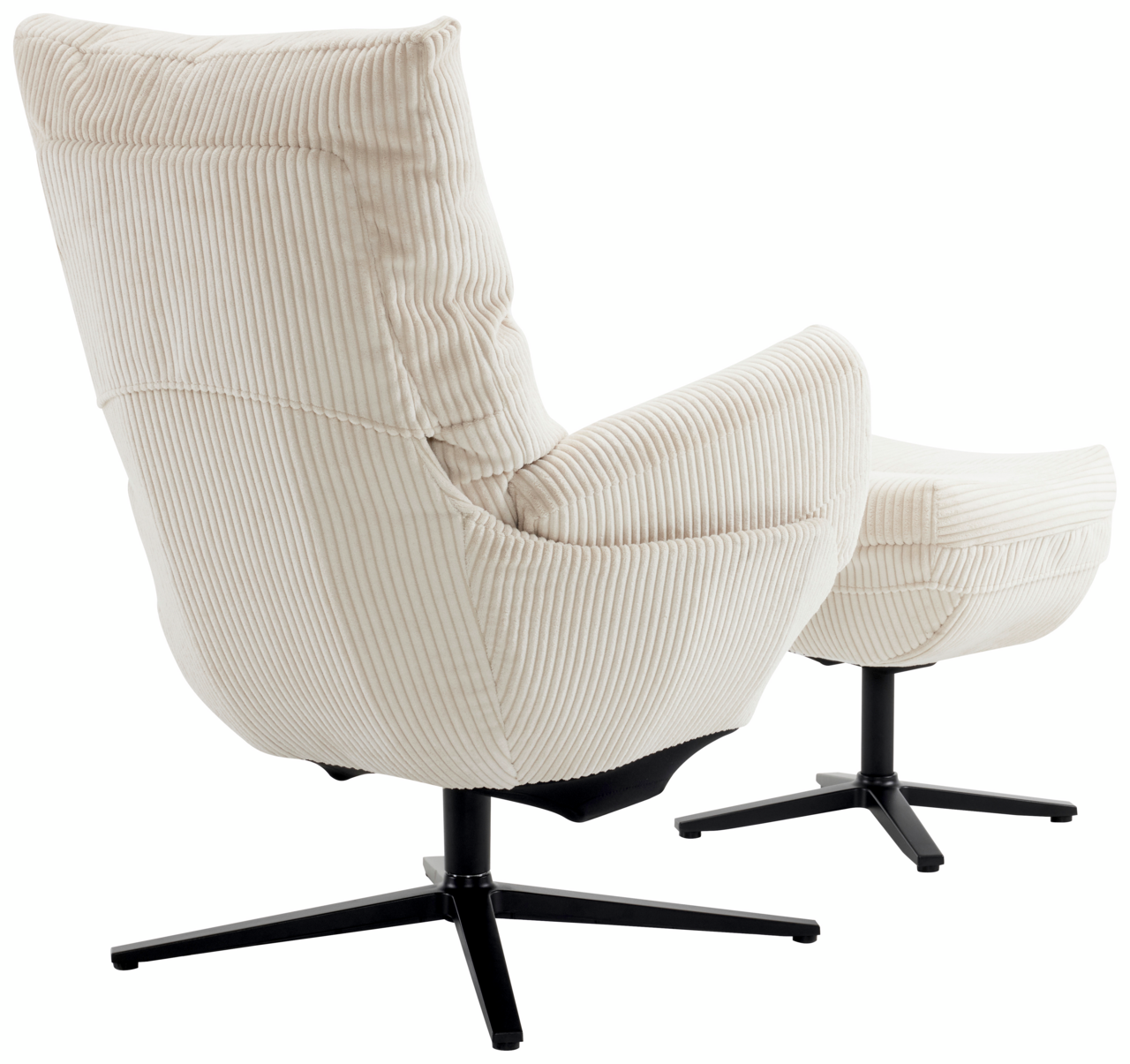 Rückansicht eines cremefarbenen Relaxsessels mit Hocker, beide mit gestreiftem Stoffbezug und schwarzem Drehfuß.