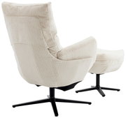 Rückansicht eines cremefarbenen Relaxsessels mit Hocker, beide mit gestreiftem Stoffbezug und schwarzem Drehfuß.