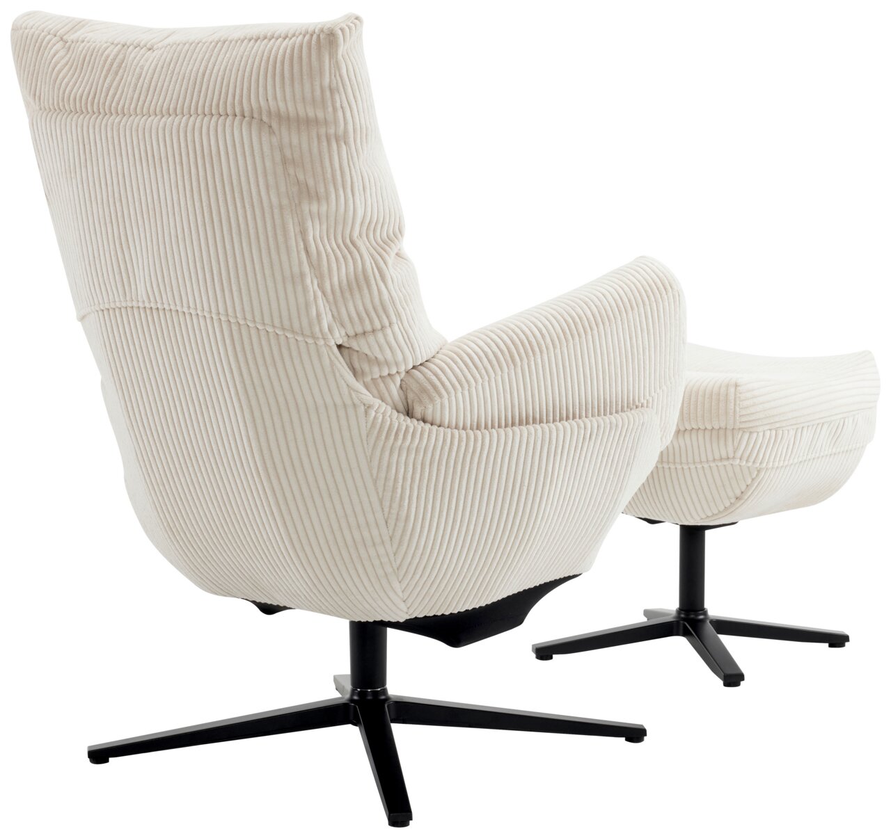 Achterkant van een crèmekleurige relaxfauteuil met bijpassend voetenbankje, beide bekleed met gestreepte stof en voorzien van een zwart draaipootje.