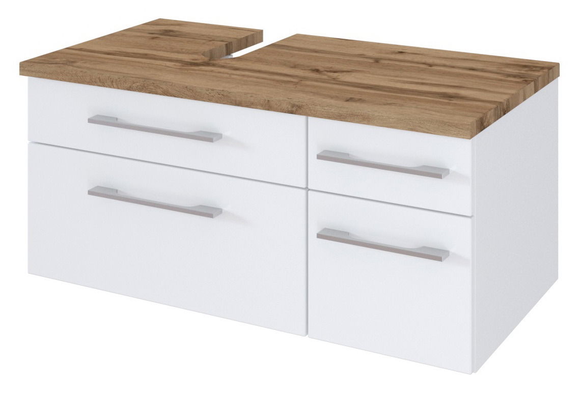 Moderner Waschbeckenunterschrank mit weißem Korpus und Holzoptik-Oberfläche, Perspektive von vorne rechts