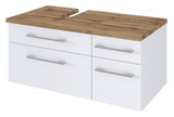 Moderner Waschbeckenunterschrank mit weißem Korpus und Holzoptik-Oberfläche, Perspektive von vorne rechts
