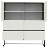 Weißes Highboard mit offenen Türen und Schubladen, frontale Ansicht