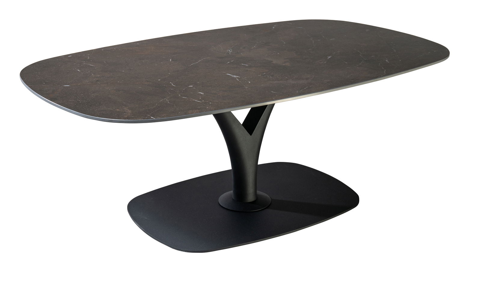 Moderner Couchtisch mit dunkler, rechteckiger Tischplatte und elegantem, schwarzem Standfuß, seitliche Perspektive