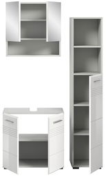Moderne Badkombination mit Spiegelschrank, Hochschrank und Unterschrank in weißer Hochglanzoptik, frontale Ansicht