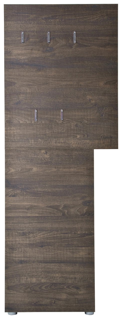 Garderobenpaneel aus Holz mit mehreren Haken, frontal betrachtet.