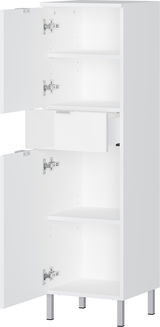 Weißer Schrank mit zwei offenen Türen und einer Schublade, frontal betrachtet