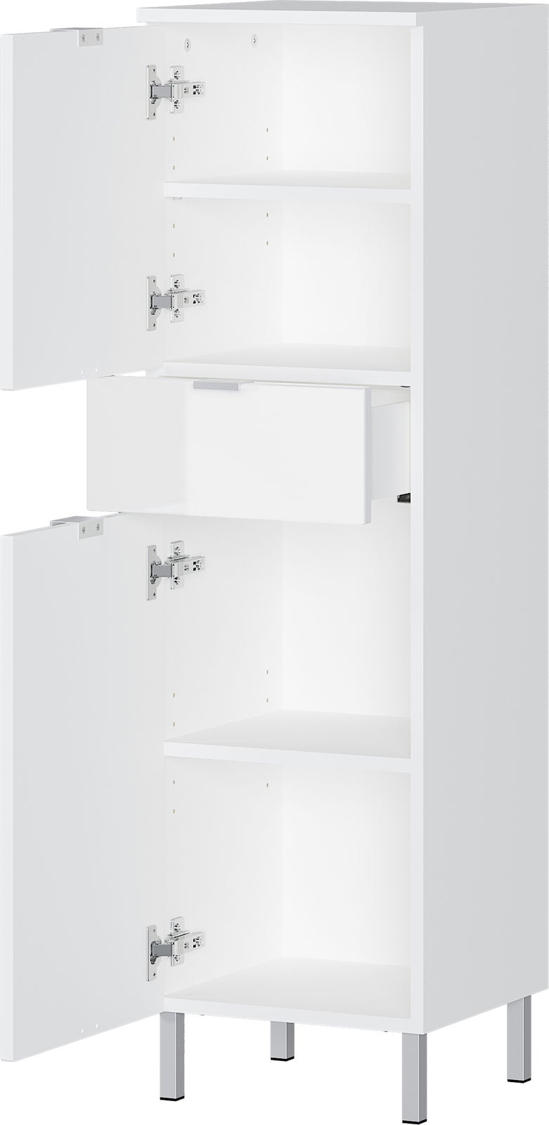 MID.YOU Schrank MAURESA Weißer Schrank mit zwei offenen Türen und einer Schublade, frontal betrachtet