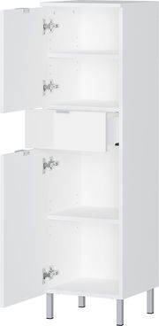 Weißer Schrank mit zwei offenen Türen und einer Schublade, frontal betrachtet