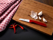 Gemüsemesser mit rotem Griff auf einem Holzbrett, umgeben von Knoblauchzehen und roten Chilischoten, aus der Vogelperspektive.