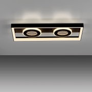 Moderne LED-Deckenleuchte mit rechteckigem Rahmen und zwei runden Leuchtelementen, Ansicht von unten.