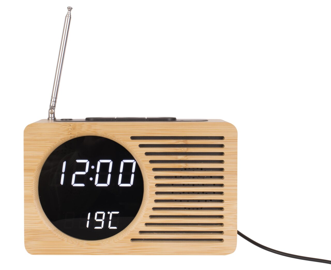 Houten wekkerradio met digitaal display voor tijd en temperatuur, zijaanzicht