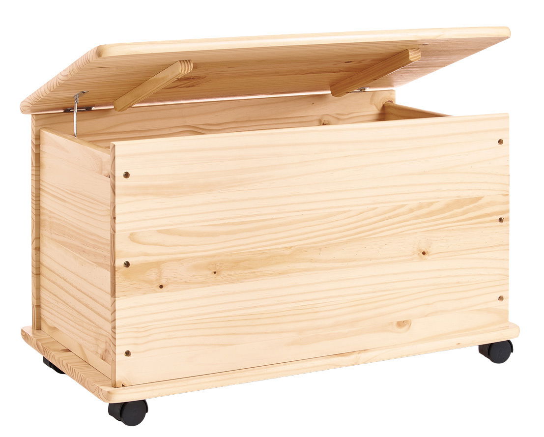 Holz-Aufbewahrungstruhe mit offenem Deckel und Rollen, seitliche Perspektive