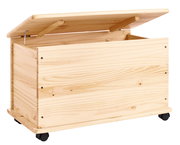 Holz-Aufbewahrungstruhe mit offenem Deckel und Rollen, seitliche Perspektive