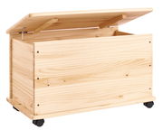Holz-Aufbewahrungstruhe mit offenem Deckel und Rollen, seitliche Perspektive