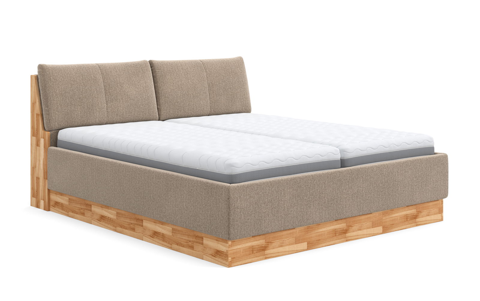 Polsterbett mit beigem Stoffbezug und Holzrahmen, seitliche Perspektive